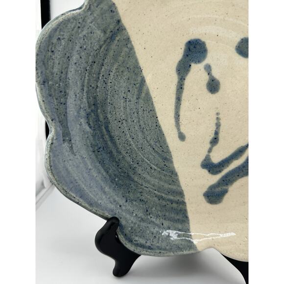Hand Made Ceramic Dish w/ Scalloped Edge Signed PM Blue Cream Abstract Design - Picture 4 of 7